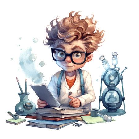 Little boy in glasses with books and microscope. Hand drawn watercolor illustrationの素材