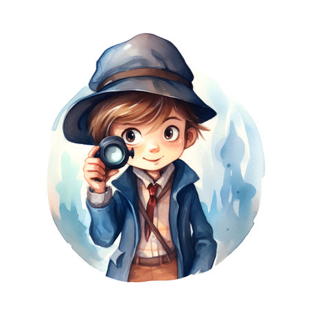 Cute boy in a hat with a camera. Watercolor illustrationの素材
