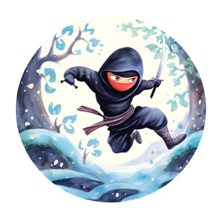 Watercolor illustration of a ninja with a sword in his hand. Watercolor illustration.の素材