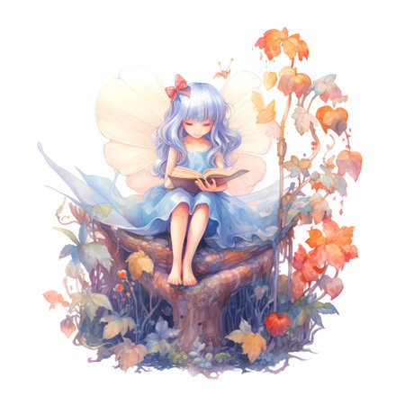 Beautiful watercolor fairy sitting on a stump with a book.の素材