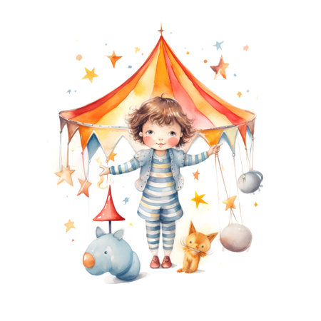 Cute little girl on a circus. Hand drawn watercolor illustrationの素材