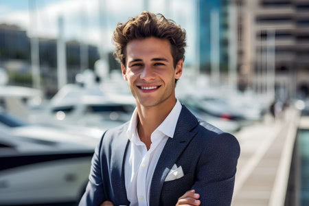 Portrait of young handsome businessman standing in front of yachtsの素材