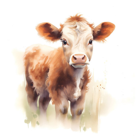 Watercolor portrait of a brown cow isolated on a white background.の素材