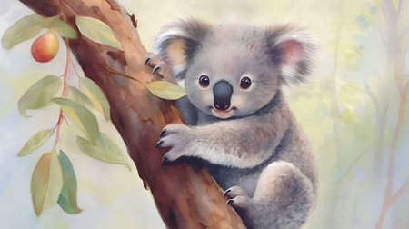Cute koala on eucalyptus tree. Watercolor illustrationの素材