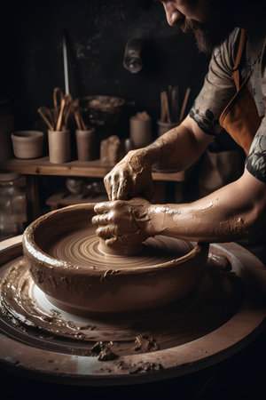 hands of a potter, creating an earthen jar on the circleの素材