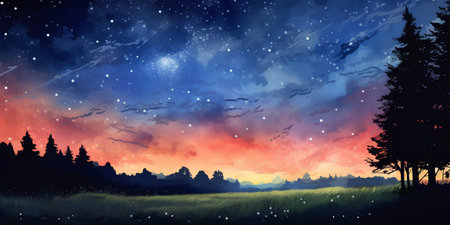 Fantasy landscape with forest and starry sky. Digital illustration.の素材