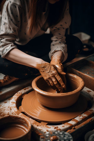 hands of a potter, creating an earthen jar on the circleの素材