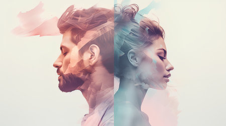 Double exposure portrait of a man and woman combined with abstract watercolorの素材