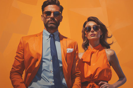 Fashionable couple in orange clothes and sunglasses on orange background.の素材