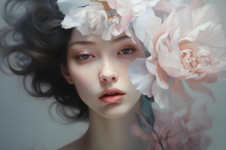 Portrait of a beautiful young woman with flowers in her hair.の素材