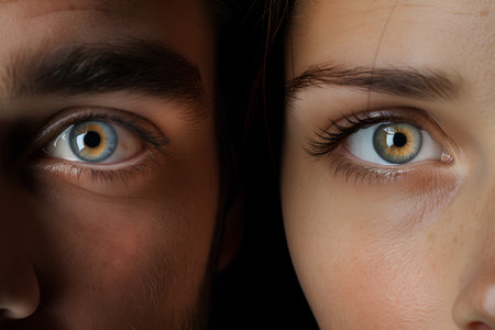 Before and after cosmetic operation. Close-up of young woman's eyes.の素材