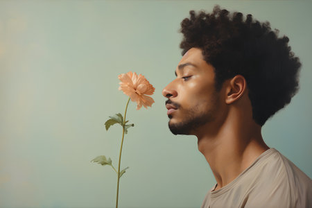 Young african american man with a flower on a blue backgroundの素材