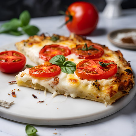 Pizza with mozzarella cheese, tomatoes and basil. Italian cuisine.の素材
