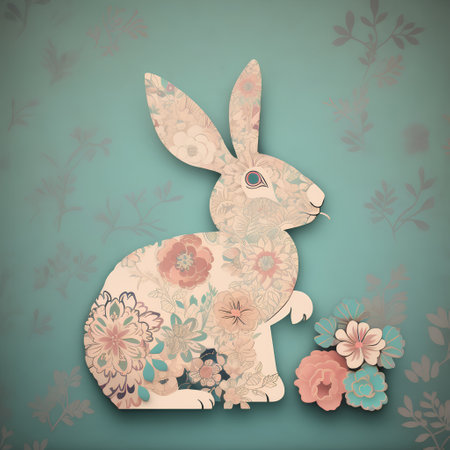 Rabbit with floral ornament on vintage background. Eps 10 vector file.の素材