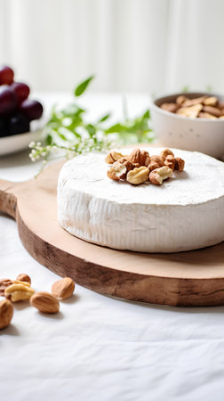 Camembert cheese with nuts on a round wooden board on a white backgroundの素材