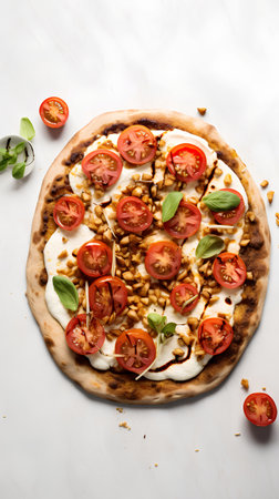 Pizza with mozzarella cheese, tomatoes and pine nuts on a white backgroundの素材