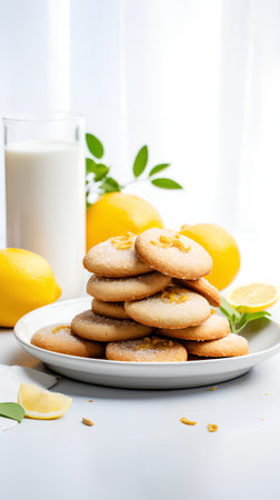 Lemon cookies with lemon slices and a glass of milk on a white background.の素材