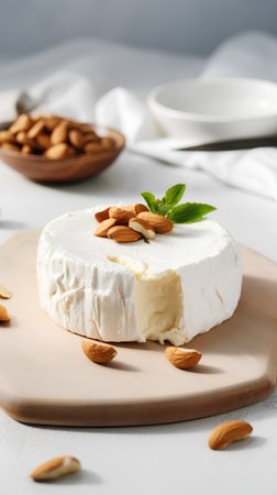 Camembert cheese with almonds and mint on a wooden board.の素材