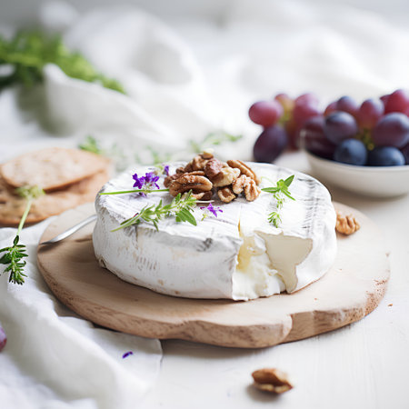 Camembert cheese with walnuts, grape and thyme, selective focusの素材