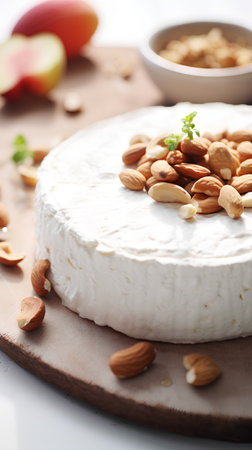 Camembert cheese with almonds on a wooden board, closeupの素材