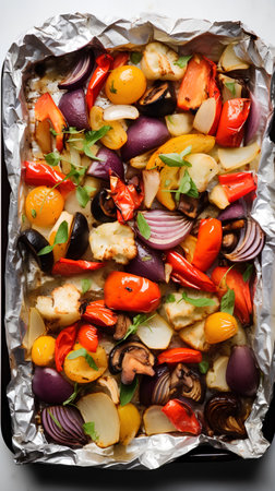 Roasted vegetables in foil. Healthy food concept. Top view.の素材