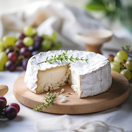Camembert cheese with thyme and grapes on a wooden boardの素材