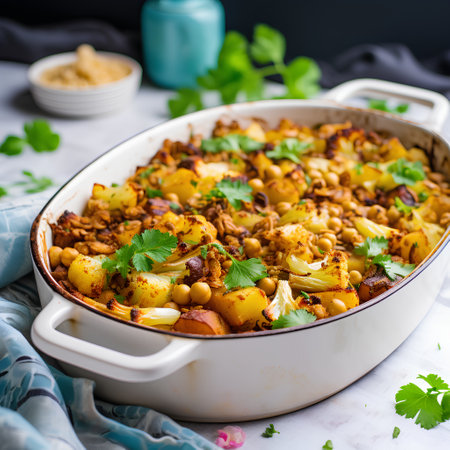 Traditional chickpea casserole with potatoes, chickpeas and spices. Selective focus.の素材