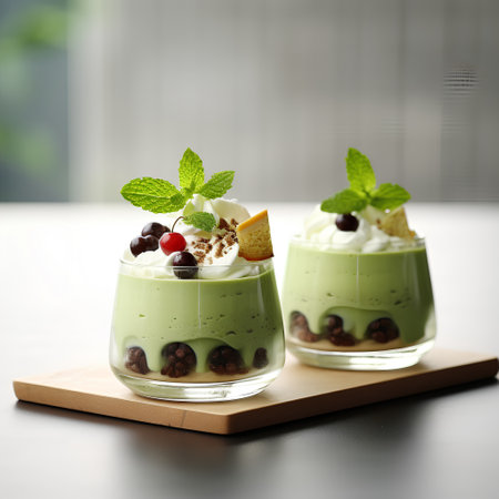 Green tea mousse with whipped cream and berries in glass on tableの素材