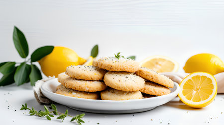Homemade lemon cookies with herbs and spices on a white background.の素材
