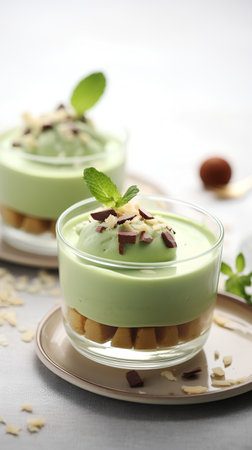Green tea panna cotta with chocolate and mint, selective focusの素材