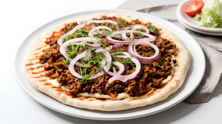 Pizza with minced meat, onions and fresh salad on white backgroundの素材