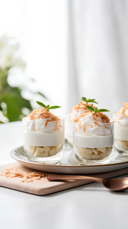 Creamy panna cotta dessert in glass cups, selective focusの素材