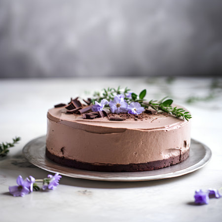 Chocolate cake with cream and flowers on a light background. Selective focus.の素材