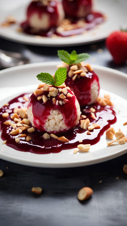 Panna cotta with cranberry sauce and almonds, selective focusの素材