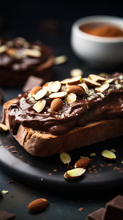 Chocolate tartlets with almonds and chocolate sauce on dark background.の素材