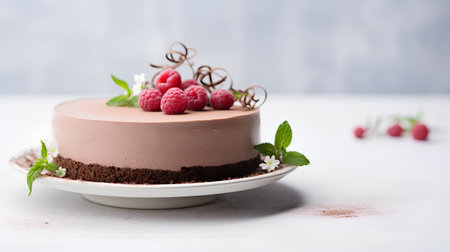 Chocolate cake with raspberries and mint on a white backgroundの素材