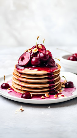Pancakes with cherries and jam on a white background.の素材