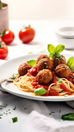 Spaghetti with meatballs and tomato sauce on a white plate.の素材