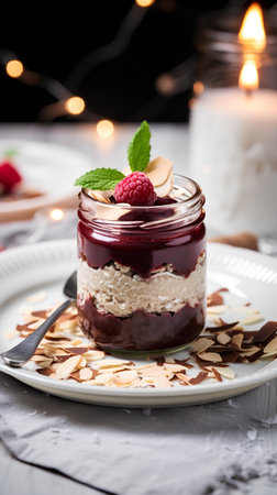 Chocolate cheesecake with raspberry in a glass jar on a dark backgroundの素材
