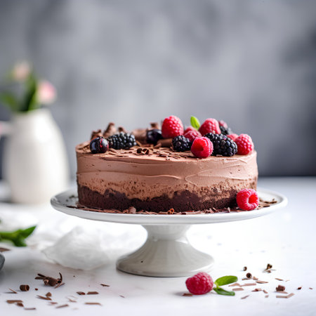 Chocolate cake with raspberries and blackberries on a white backgroundの素材