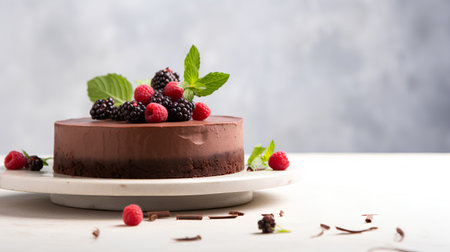 Chocolate mousse cake with fresh raspberries and blackberries.の素材