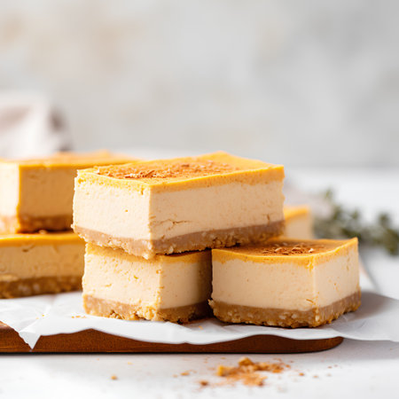 Creamy caramel cheesecake on a white background, selective focus.の素材