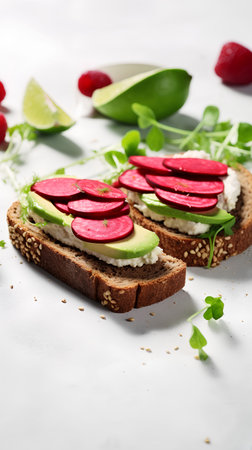 Sandwiches with avocado, beetroot and microgreen on white backgroundの素材