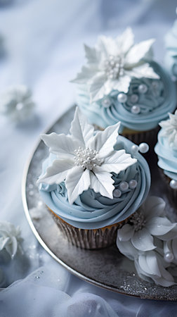 Cupcakes decorated with white snowflakes on a silver trayの素材