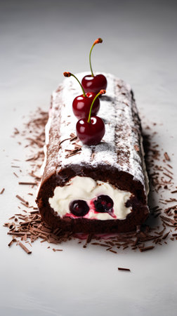 Chocolate roll cake with cherries and chocolate chips on white backgroundの素材