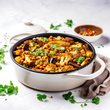 Baked cauliflower with chickpeas and vegetables. Selective focus.の素材