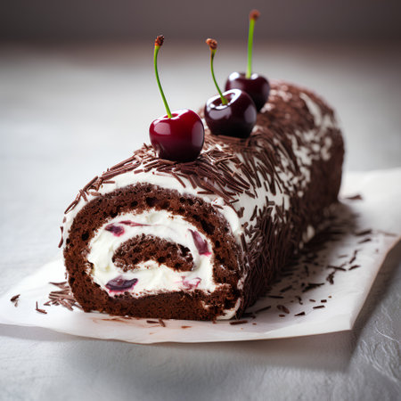 Chocolate roll cake with cream and cherries. Selective focus.の素材