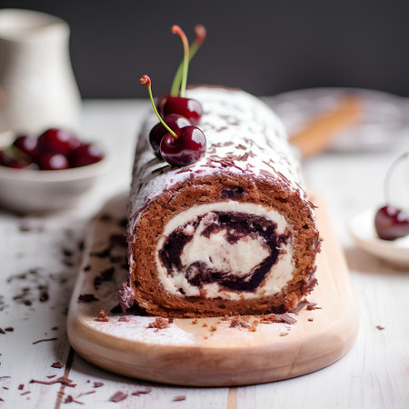 Chocolate roll cake with cherries and cream on a wooden tableの素材