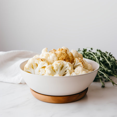 Cauliflower in a white bowl on a white marble background.の素材