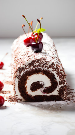 Chocolate cake roll with cherry on a white background. Selective focus.の素材